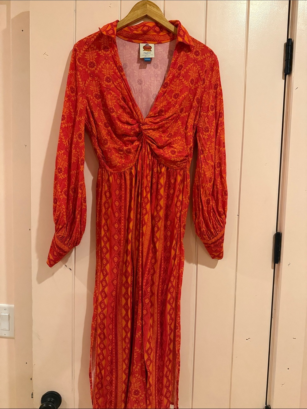 FARM Rio Red and Orange Twist-Front Maxi Dress